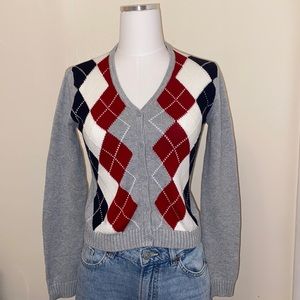 Grey V-Neck Sweater Ribbed Long Sleeve Red & Blue
